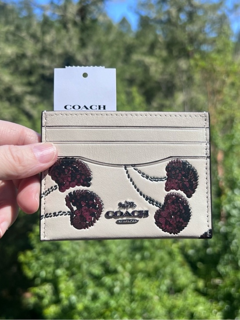 COACH Slim Id Card Case With Sequin Cherry Print CDG88 NWT AUTHENTIC